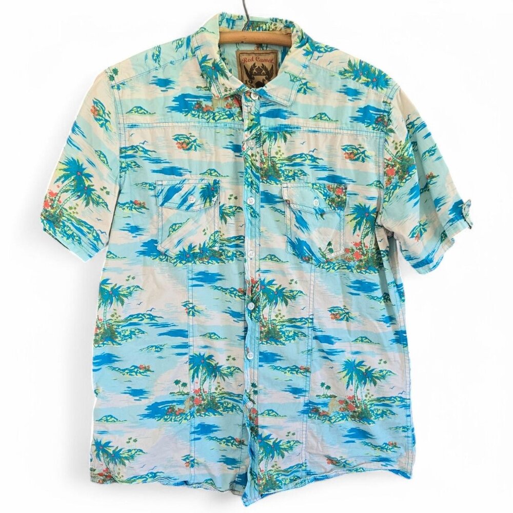 Red Camel Mens Hawaiian Short Sleeve Button-Up Shirt Tropical Print Blue Size L